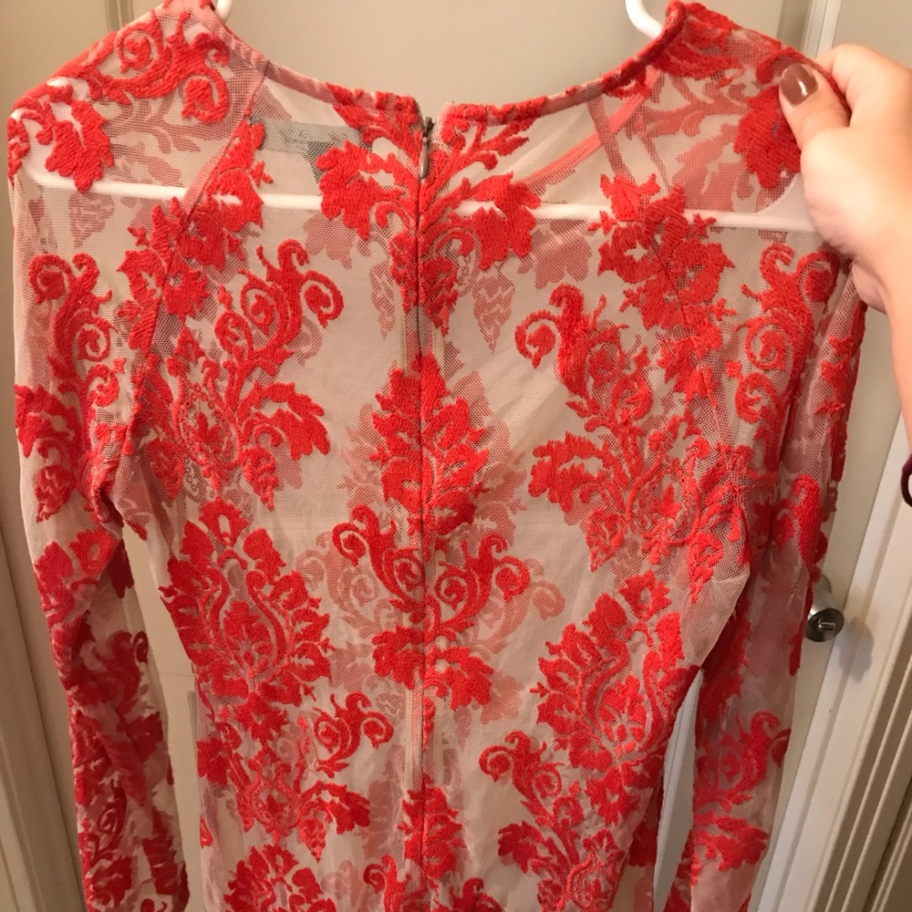 Honey Punch Embroidered Lace Mesh Dress Nude/Coral